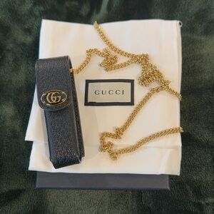 New Gucci Necklace Lipstick holder on a chain - black leather